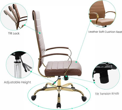 LeisureMod Modern High-Back Leather Office Chair - Swivel & Adjustable Executive Desk Chair with Gold Frame, Ergonomic Design for Home & Office (Brown, Single)