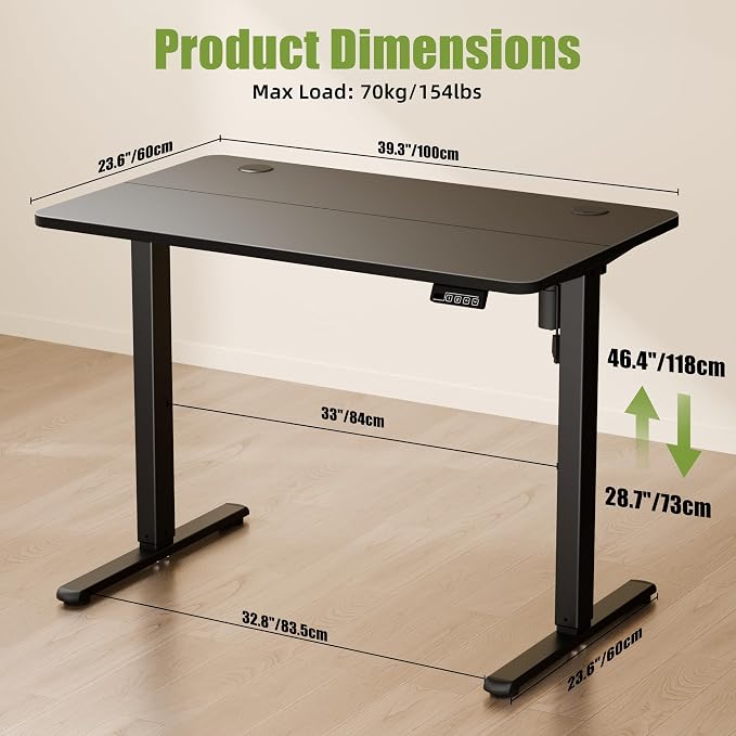 ERGOMAKER Electric Standing Desk, 39.3" x 23.6" Height Adjustable Sit Stand Desk with Splice Board for Home Office, Computer Desk Memory Preset (Black Frame, Black Desktop)