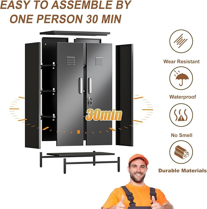 pozdeg 47.24" Metal Storage Locker with Lockable, Employees Metal Steel Locker with 2 Door ＆ 3 Adjustable Shelves, Small Locker Storage Cabinets for Home, School, Office, Gym (Black)
