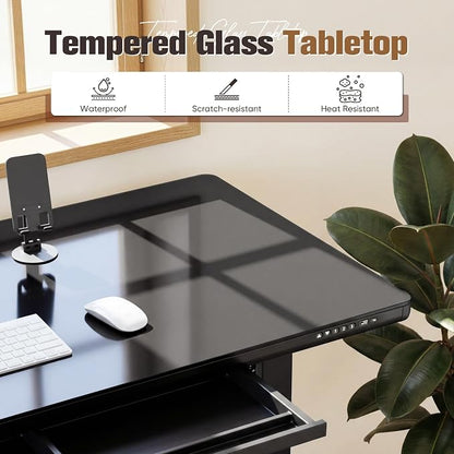 YESHOMY Electric Standing Desk with Tempered Glass Top, 55.1" Height Adjustable Desk with Partitioned Drawer & USB/Type-C Ports, Sit Stand Desk for Home Office, Black