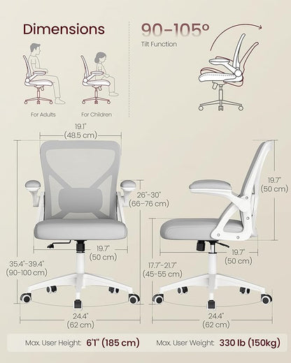 VASAGLE Ergonomic Mesh Office Chairs with Adjustable Lumbar Support, 90-105° Tilt Function, Wide Seat, Flip‑Up Armrests, Computer Desk Chairs for Home Office, Set of 2, Dove Gray