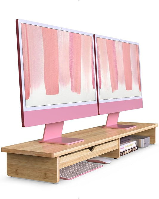 Bamboo Monitor Stand with Large Storage Drawer, 42 Inch Ergonomic Computer Riser for Desk, Screen Shelf with 5 Compartments for Keyboard & Stationery Organization Keyboard Storage