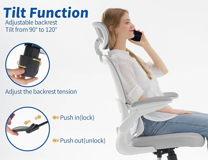 TRALT Ergonomic Office Chair - Desk Chair with Adjustable Headrest Lumbar Support Computer Chair - Mesh Comfy Chair with Flip-up Armrests - Gaming Chairs for Adults Home Office (Leather, Grey)
