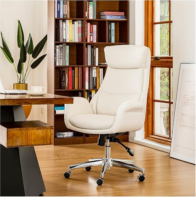 Glitzhome Home High-Back Office Chair Leather Adjustable Swivel Desk Chair with Arms, Cream