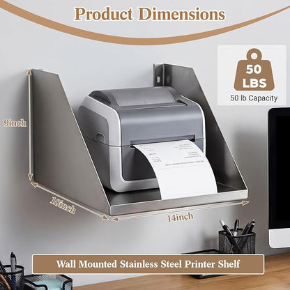 Hicarer Wall Mounted Stainless Steel Kitchen Printer Shelf 14" x 10" x 9" Heavy Duty KDS Ticket Printer Stand for Restaurant Kitchen Commercial Food Service, with Wire Routing Hole