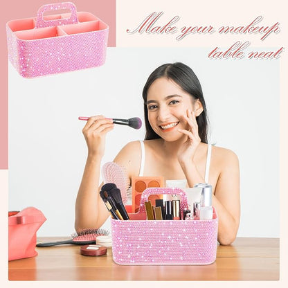 Marspark Bling Makeup Caddy Organizer with Handle, Sparkly Art Craft Holder, Glitter Bathroom Hair Caddy, Shimmer Pen Pencil Holder for Women Desk Organizer, Bling Gifts for Women(Pink,AB Diamond)