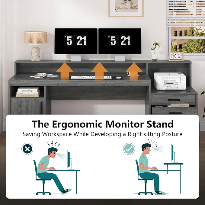 YOMILUVE Executive Computer Desk with 3 Drawers & Storage Shelves, 65 Inch Home Office Desk with File Drawer & Cabinet, Writing Study Desks with Monitor Stand & Printer Shelf, Dark Grey