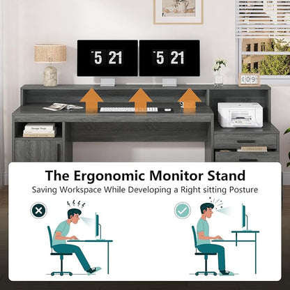 YOMILUVE Executive Computer Desk with 3 Drawers & Storage Shelves, 65 Inch Home Office Desk with File Drawer & Cabinet, Writing Study Desks with Monitor Stand & Printer Shelf, Dark Grey