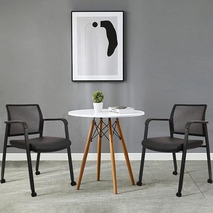 CLATINA Mesh Back Guest Reception Stacking Chair with Wheels, Waiting Room Stackable Chairs with Upholstered Leather Seat & Ergonomic Lumbar Support for Office Conference School Lobby, Black, 2 Pack