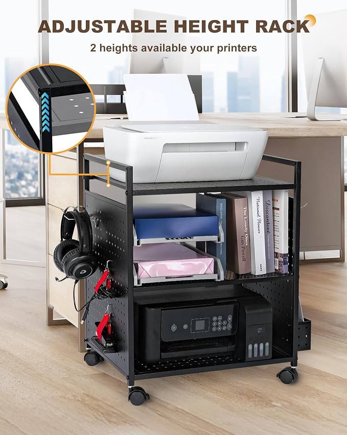 Mythinglogic 3-Tier Rolling Printer Stand with Adjustable Height, Metal Office Organizer Cart, DIY Panels, Lockable Wheels for Home, Office, Kitchen, Gaming