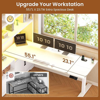 SEDETA 56.7" L Shaped Standing Desk, Reversible Computer Office Desk with Drawers & Hutch, Stand Up Corner Gaming Desks with LED Lights & Power Outlets for Home Office, White