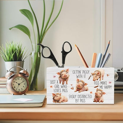 Funny Rustic Floral Pig Pen Holder for Desk, Pig Lover Gifts for Women Wooden Box Sign Desk Decor for Home Office Decoration, Rustic Farmhouse Animal Pencil Organizer