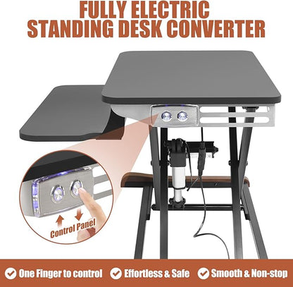 Electric Standing Desk Converter with Keyboard Tray, 26x16 Inch, Height Adjustable Sit to Stand Desk Riser with Unique Side Cover and Wooden Feet, Small Motorized Monitor Riser for Office & Home