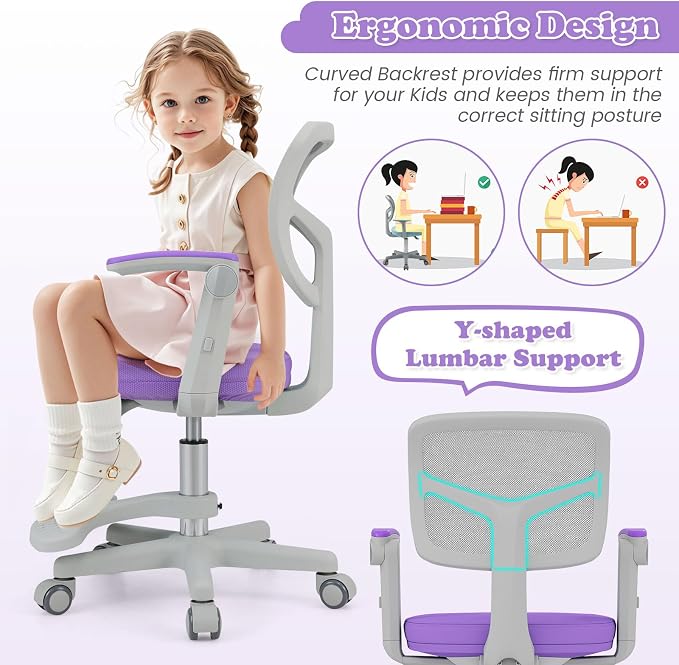 Giantex Kids Desk Chair, Ergonomic Adjustable Student Rolling Chair with Footrest & Flip-up Armrest, Mesh Children Office Chair with Universal Wheels, Kids Computer Chair for Boys & Girls, Purple