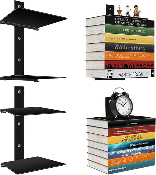 Professional Invisible Floating Book Shelves for Wall, 4 Tier Vertical Spine Book Tower Hanging Bookshelves, Wall Mounted & Space Saving, Heavy Duty Metal Book Organizer for Home Office, 2 Pack Black