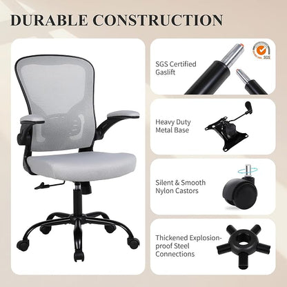 Flysky Mesh Office Chair, Ergonomic Computer Desk Chairs for Home Office - with Comfy/Comfortable Flip-up Arm Rests, Lumbar Support, Height Adjustable, 360 Degree Rolling Swivel (Gray, 1 Pack)