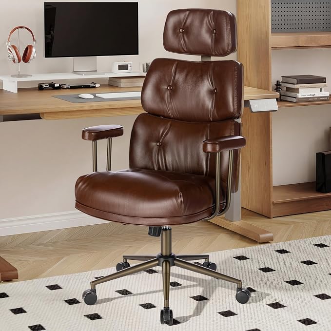 Mid-Century Modern Ergonomic Office Chair,High Back Faux Leather Executive Desk Chair with Walnut Bentwood & Headrest,Adjustable Swivel Computer Chair for Home Office,Brown