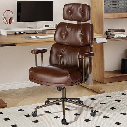 Mid-Century Modern Ergonomic Office Chair,High Back Faux Leather Executive Desk Chair with Walnut Bentwood & Headrest,Adjustable Swivel Computer Chair for Home Office,Brown