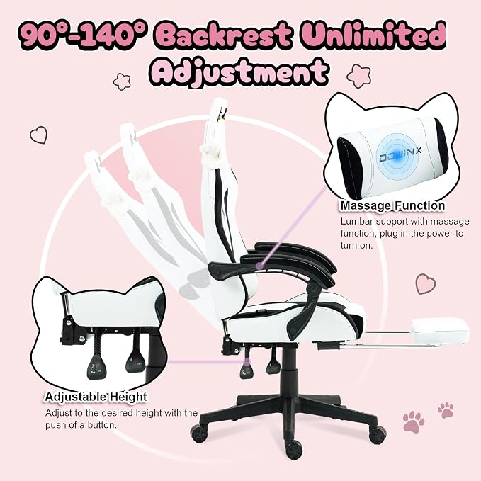 Dowinx Gaming Chair with Cat Ears and Massage Lumbar Support, Ergonomic Computer Chair with Footrest and Headrest, Comfortable Reclining Game Chair 290lbs for Adults, Black White