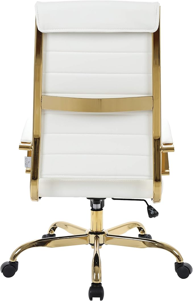 LeisureMod Modern High-Back Leather Office Chair - Swivel & Adjustable Executive Desk Chair with Gold Frame, Ergonomic Design for Home & Office (White, Single)