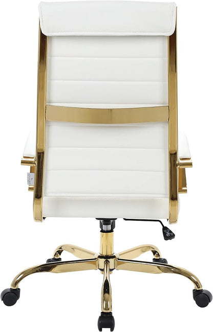 LeisureMod Modern High-Back Leather Office Chair - Swivel & Adjustable Executive Desk Chair with Gold Frame, Ergonomic Design for Home & Office (White, Single)