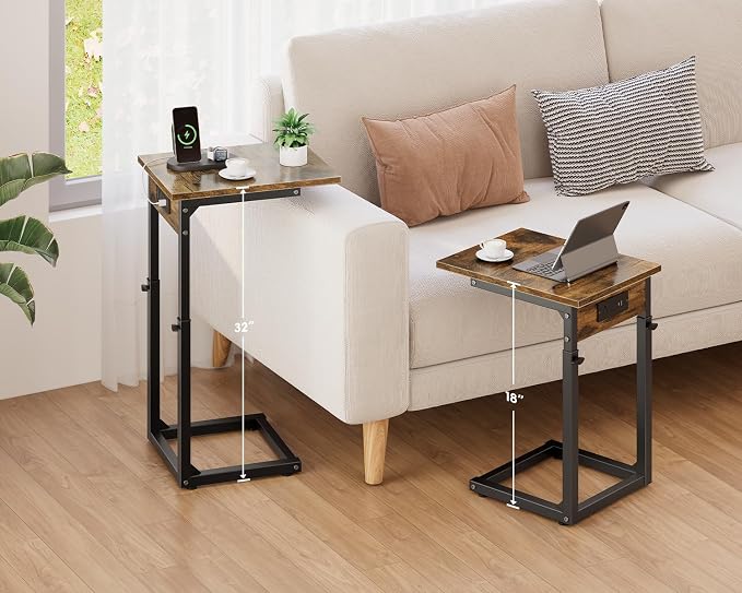 Vagusicc C Shaped End Table with Charging Station, 33"Tall Side Table for Couch, C-Table End Table Adjustable Height Side Table,Slide Under Couch Table TV Tray Table for Sofa,Living Room,Bedroom,Brown
