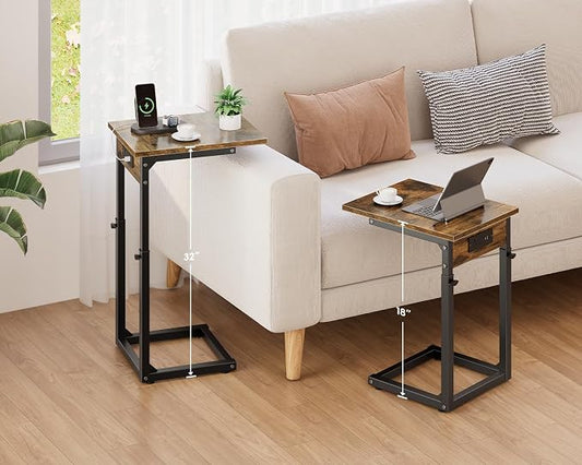 Vagusicc C Shaped End Table with Charging Station, 33"Tall Side Table for Couch, C-Table End Table Adjustable Height Side Table,Slide Under Couch Table TV Tray Table for Sofa,Living Room,Bedroom,Brown