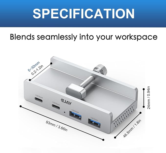 EJAY Desk Clamp USB Hub, 10Gbps Mountable USB C Hub Multiport Adapter, Aluminum Desktop Hub Desk Mount for iMac, Mac, PC, Under Desk USB Port Expander Splitter for Workstation, Silver