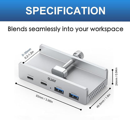 EJAY Desk Clamp USB Hub, 10Gbps Mountable USB C Hub Multiport Adapter, Aluminum Desktop Hub Desk Mount for iMac, Mac, PC, Under Desk USB Port Expander Splitter for Workstation, Silver