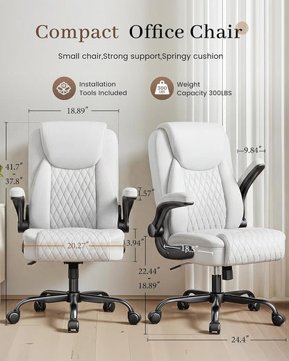 COMHOMA Mid-Back Office Chair, Ergonomic PU Desk Chair with Flip up Arms, Small Computer Gaming with Comfy Lumbar Support,Rocking Function,Sturdy Metal Base, White