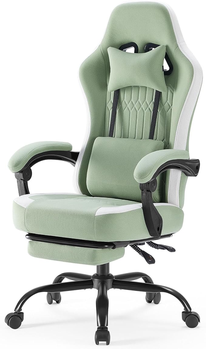 NEWBULIG Gaming Desk Chair - High Back Computer Office Chair with Footrest and Headrest, Comfy Ergonomic Lumbar Support with Linkage Armrests, Height Adjustable and 360° Swivel Wheels, Green
