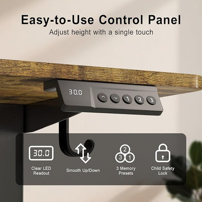 Electric Standing Desk, 55x24 Inches Sit Stand up Desk with 3 Memory Presets & Child Lock, Silent Motor, Heavy Steel Frame, Dual Hooks & Leveling Feet, for PC Workstation, Dark Walnut
