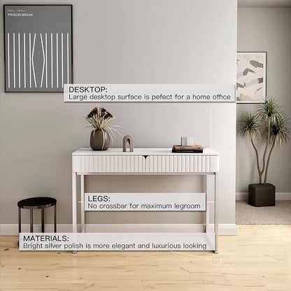 Tamworth Design Modern Multi-Purpose Desk, White & Antique Brass, 43" L x 15.75" W, 2 Large Drawers, Computer/Vanity/Study, Adult Size