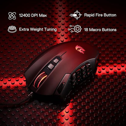 Redragon M921 MMO Gaming Mouse, 12400 DPI High Precision Wired RGB Mice w/18 Programmable Buttons, 12 Side Macro Keys, Software Supports for PC Laptop