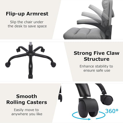 VECELO Ergonomic Swivel Office Desk Chair with Flip-up Armrest and Adjustable Height, Lumbar Support & PU Leather Thickened Cushion, for Computer Task Work, Gray