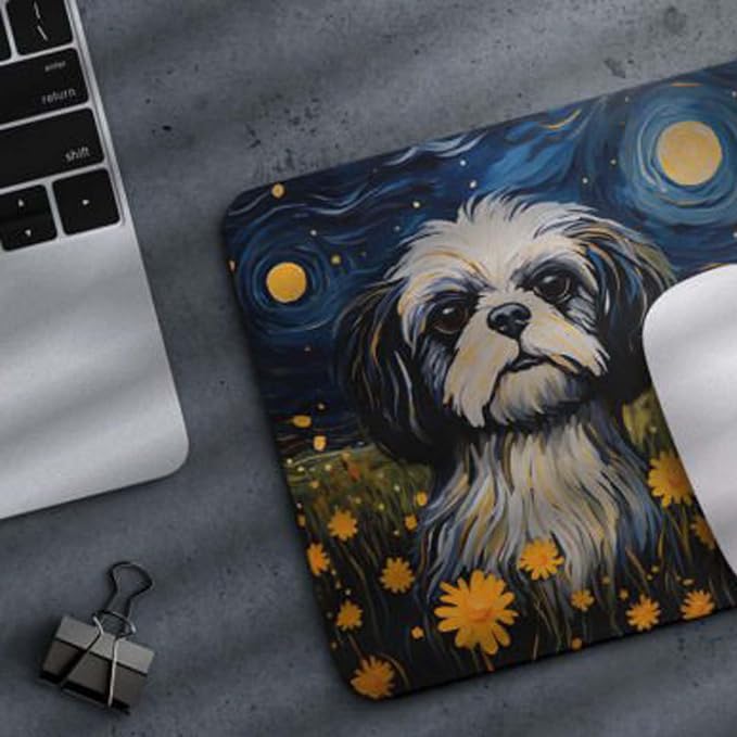 Starry Night Dog Mouse Pad for Home Office Gaming Working Desk Computer Desktop Accessories Non-Slip Rubber Mouse Pad for Dog Lovers (Shih Tzu)