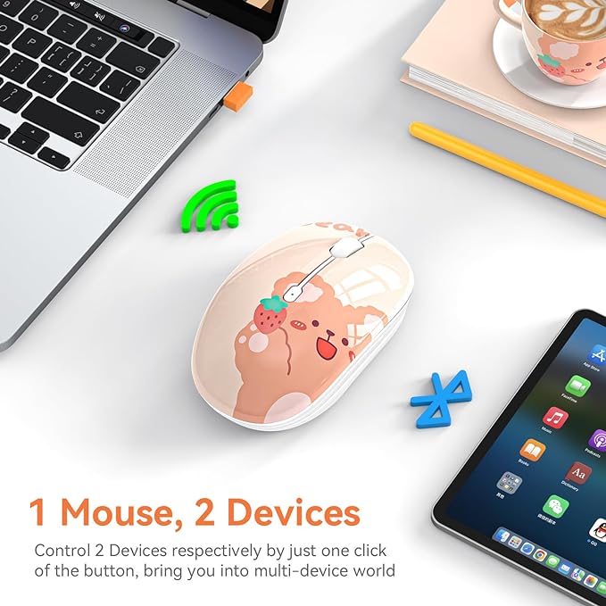 FMOUSE Cute Wireless Mouse, Bluetooth & 2.4GHz Dual Mode, Silent Click, AA Battery Powered, Kawaii for Kids Students Teen Girls, Compatible with Laptop Mac iPad PC (Kerry Bear)
