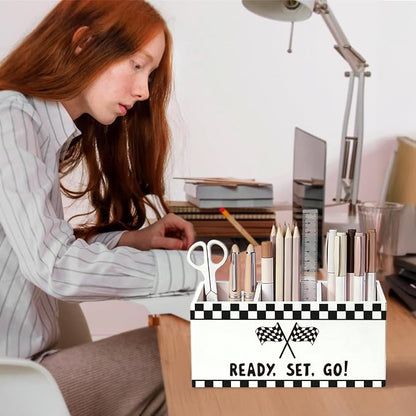 Race Car Kids Pen Pencil Holder for Desk, Race Car Room Decor, Ready Set Go Black Checkered Wooden Box Sign Decorations for Kids Boy Nursery Room Bedroom Playroom Desk Tabletop