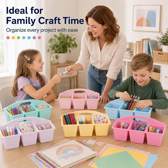 6 Pack Assorted Colors 6 Compartment Classroom Caddy with Handle Portable Plastic Storage Classroom Caddies Organizer for Classrooms Supply Teacher Office Table Desk(Pink Purple)