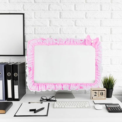 Cute Pink Lace 23"-27" Computer Monitor Screen Dust Cover with Bowknot | Lovely Pink Bow | Lace Trim | Adjustable Elastic Band