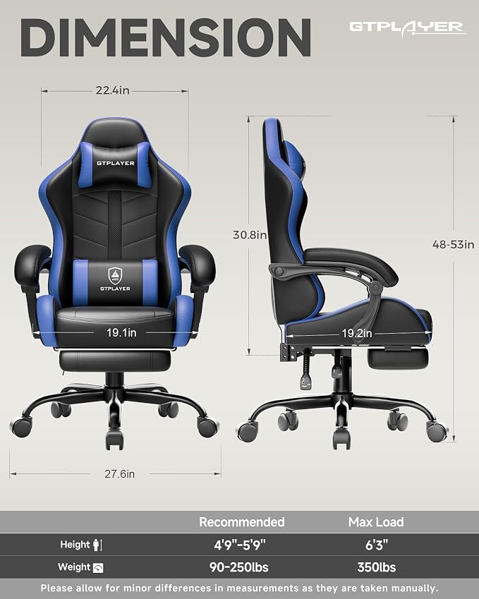 GTPLAYER Gaming Chair with Footrest, Computer Gaming Chair for Adults, Height Adjustable Gamer Chair with 90-155° Recline & Removable Headrest Lumbar Support, Dark Black-Blue