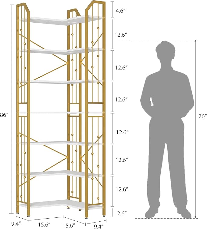 GarveeHome Corner Bookshelf 86" l Shaped Bookcase, Corner Bookshelves Industrial Bookcase 7 Tier l-Shape Bookshelf, Large Bookcases with Beaded Design Tall Display Rack Shelf for Living Room Bedroom