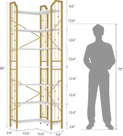 GarveeHome Corner Bookshelf 86" l Shaped Bookcase, Corner Bookshelves Industrial Bookcase 7 Tier l-Shape Bookshelf, Large Bookcases with Beaded Design Tall Display Rack Shelf for Living Room Bedroom