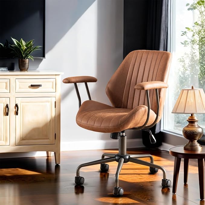 Mid Back Home Office Chair, Mid Century Modern Executive Chair, Comfy Ergonomic Rolling Office Desk Chair with Lumbar Support, Brown Faux Leather Office Chair, Brown