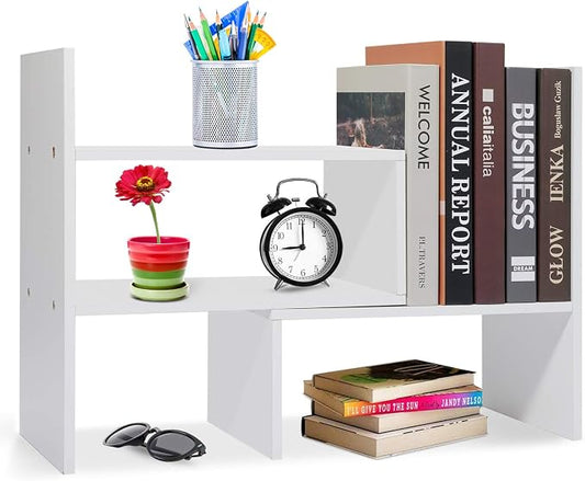 Hossejoy Wood Adjustable Desktop Storage Organizer Display Shelf Rack, Office Supplies Desk Organizer,White