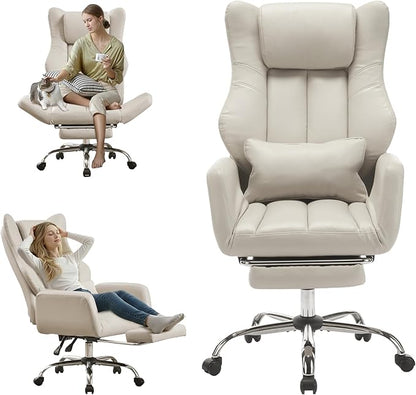 Ergonomic Cross Legged Office Chair with Footrest,Leather Big and Tall Executive Chair with Lumbar Pillow,Reversible Armrest for Pets,155° Reclining Computer Wide Desk Chair for Home,Office, Beige