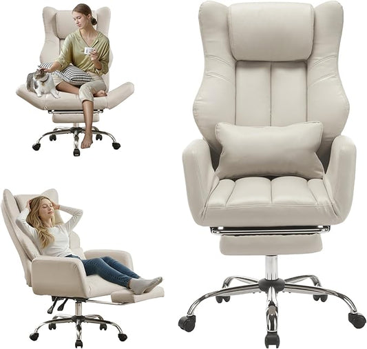 Ergonomic Cross Legged Office Chair with Footrest,Leather Big and Tall Executive Chair with Lumbar Pillow,Reversible Armrest for Pets,155° Reclining Computer Wide Desk Chair for Home,Office, Beige