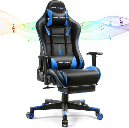 GTPLAYER Gaming Chair with Speakers, Video Game Chairs with Footrest, PC Gamer Chairs for Adults - Padded High Back Ergonomic Reclining Silla Gamer, Linkage Armrest, 909MF, Blue