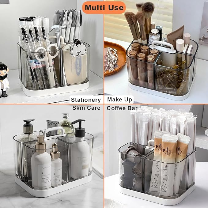 Small Plastic Portable Caddy with Handle, Stackable Pen Holder 4 Compartments, Clear Pencil Organizer for Art Supplies, Crafts, Colored Pencils, Stationery, Markers