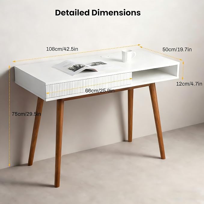 Artswish White Desk with Drawer, Mid Century Modern Writing Desk for Home Office, Small Computer Desk with Storage Shelf & Cable Management Hole, Wood Study Desk for Bedroom, Apartment, Dorm